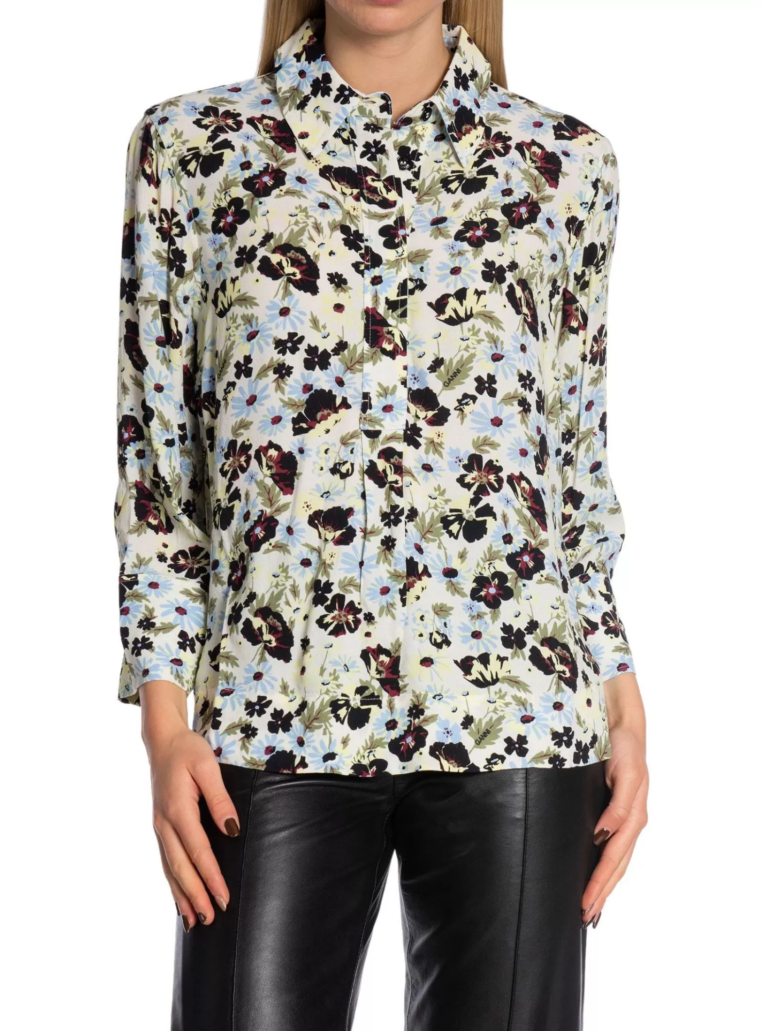 Ganni Blus Printed Crepe Meadow Egret^ Blusar