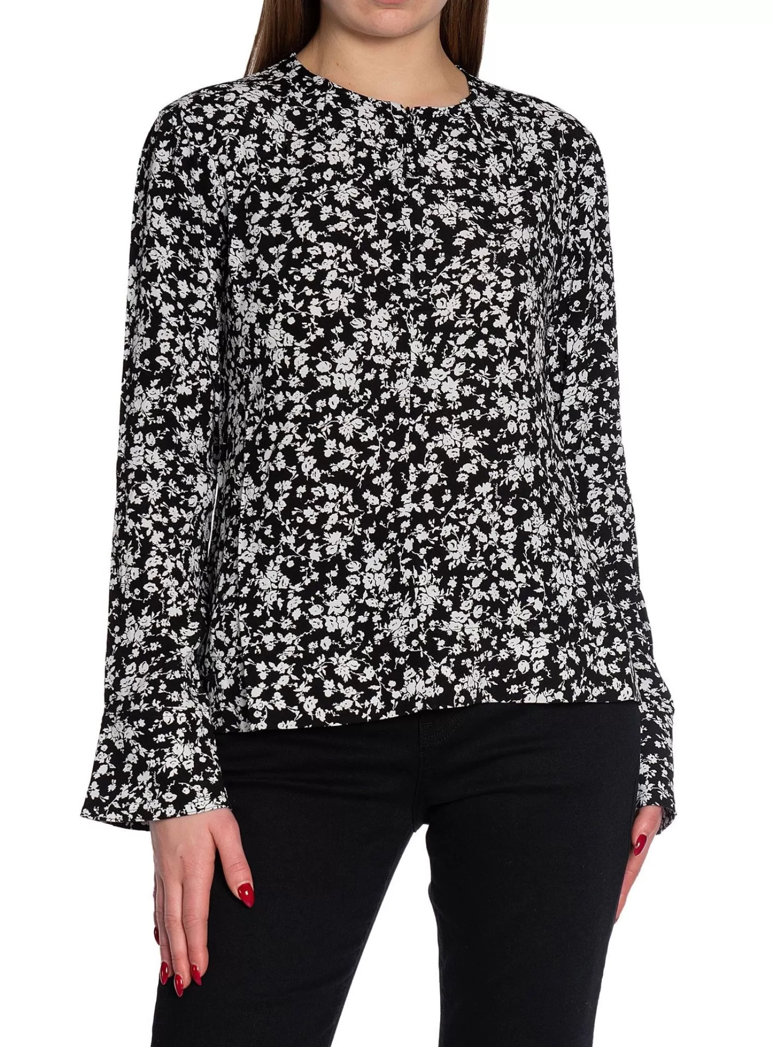 Ganni Blus Printed Crepe O-Neck Black^ Blusar