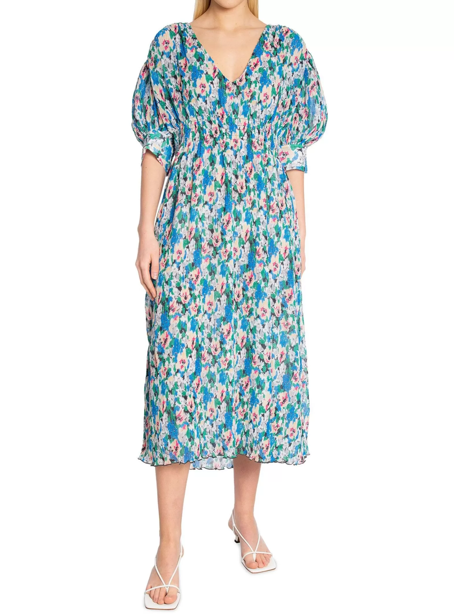 Ganni Klanning Pleated Georgette Floral Azure Blue^ Klänningar