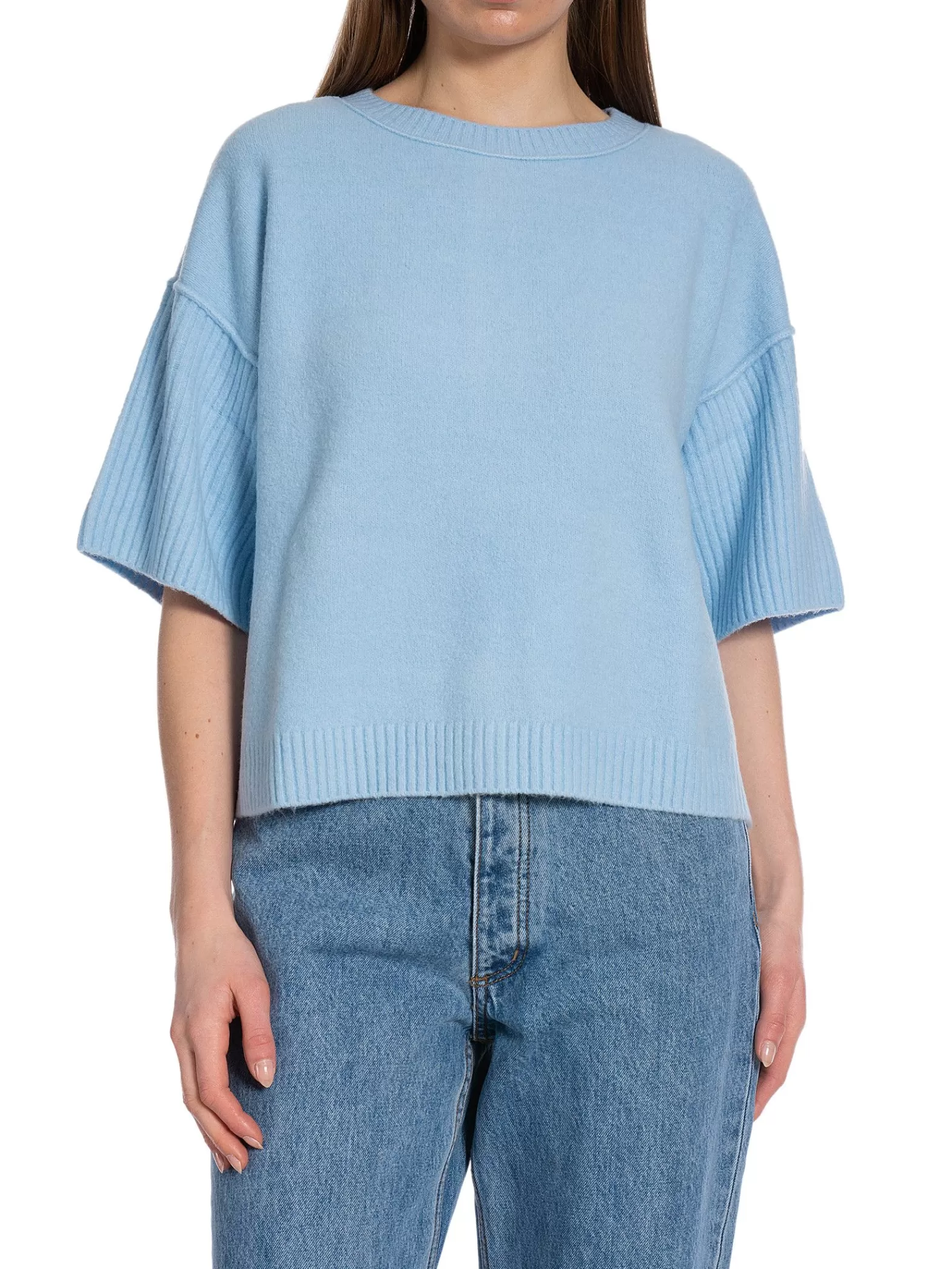 YAYA Topp Boatneck With Rib Sleeves Cerulean Blue^ Tröjor & Koftor